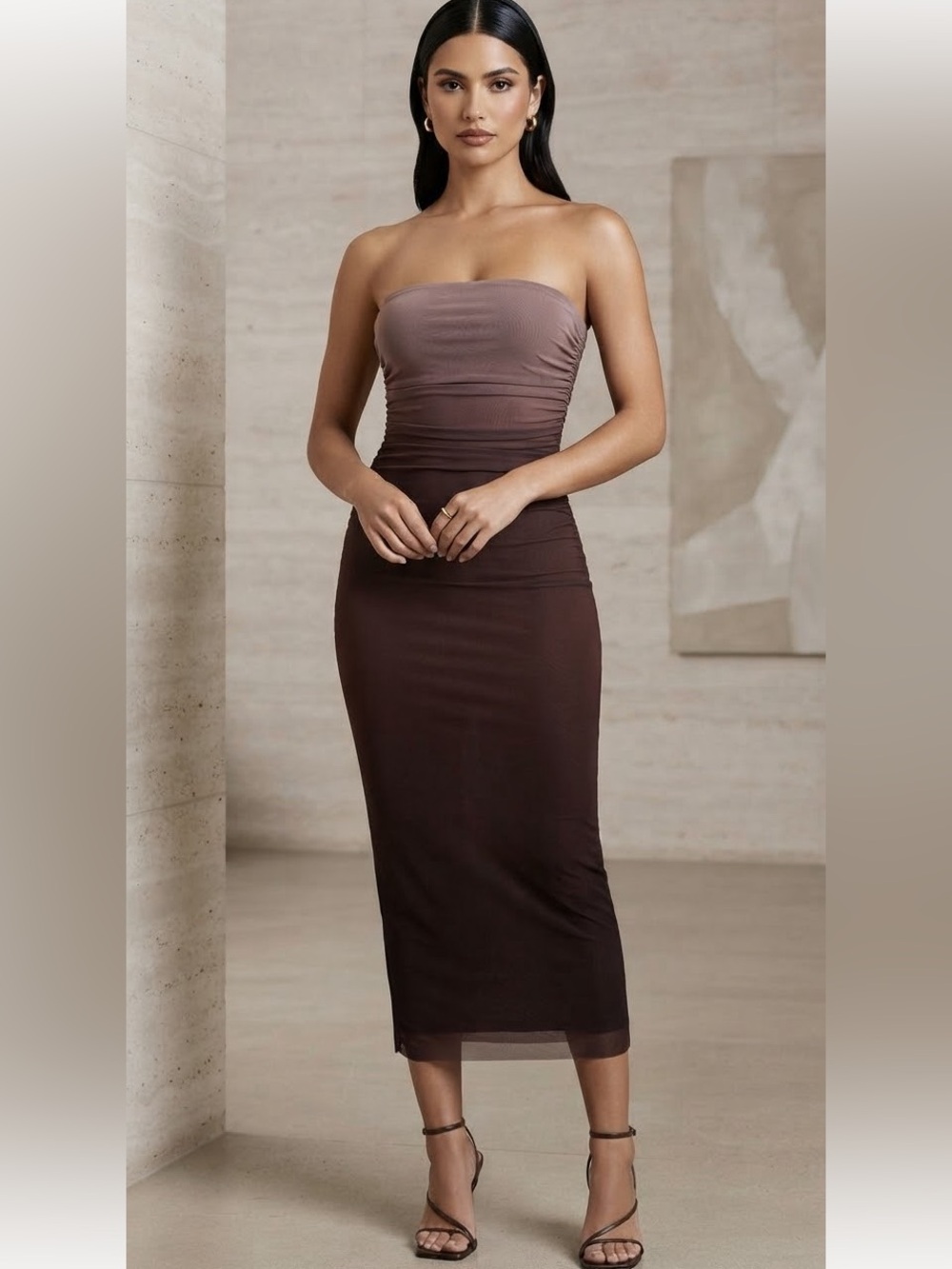Endless Moon Ombré Dusty Mauve Strapless Ruched Midi Dress